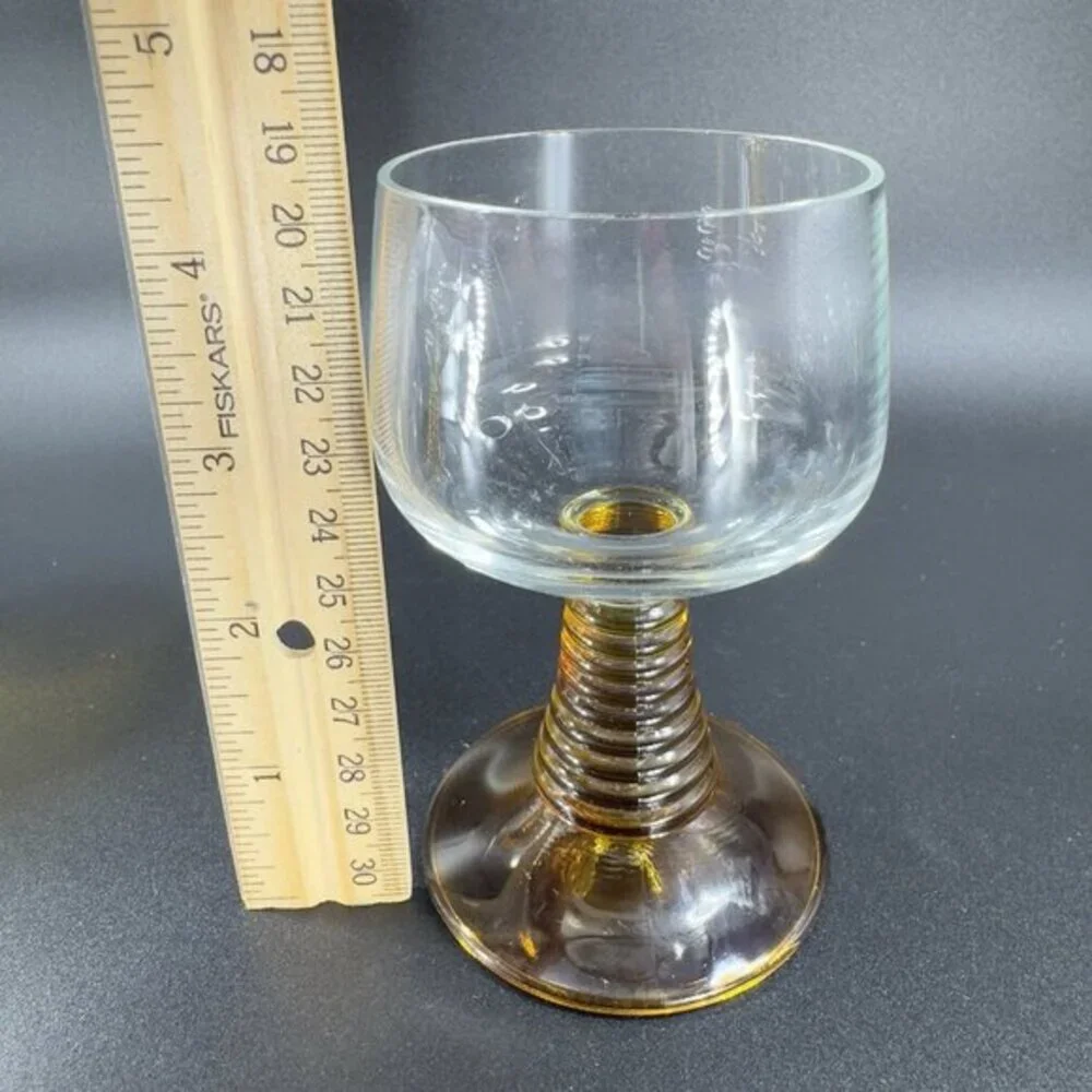 Vintage Roemer Glasses Cups Beehive Stems Glasses Set 2 Flashed‎ Amber Glass VTG